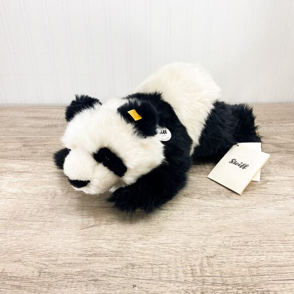 Steiff Manschli Black White Panda Bear Plush Toy Laying Down - Picture 1 of 13